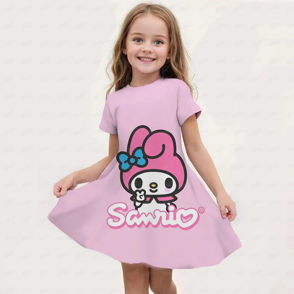 Kids Girls Clothes Kawaii Cartoon 3D Kuromi Printed Adults Party Popular Dresses Summer Short Sleeve Parent-child Clothing Dress