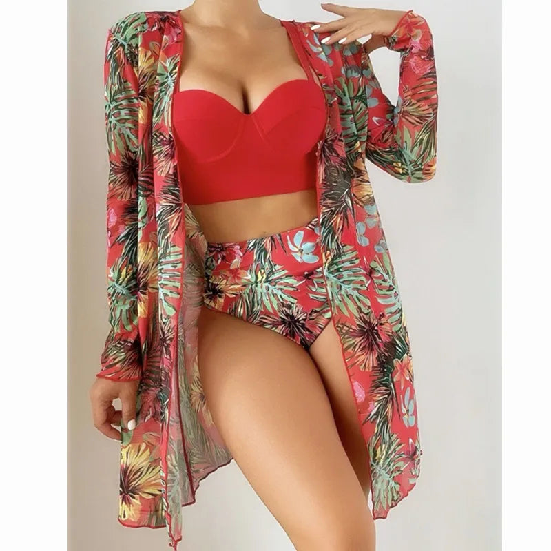 Three Pieces Bikini Set Cover Up Women New Push Up Twist Swimsuit Print Long Sleeve Swimwear Biquini Bathing Suit Summer