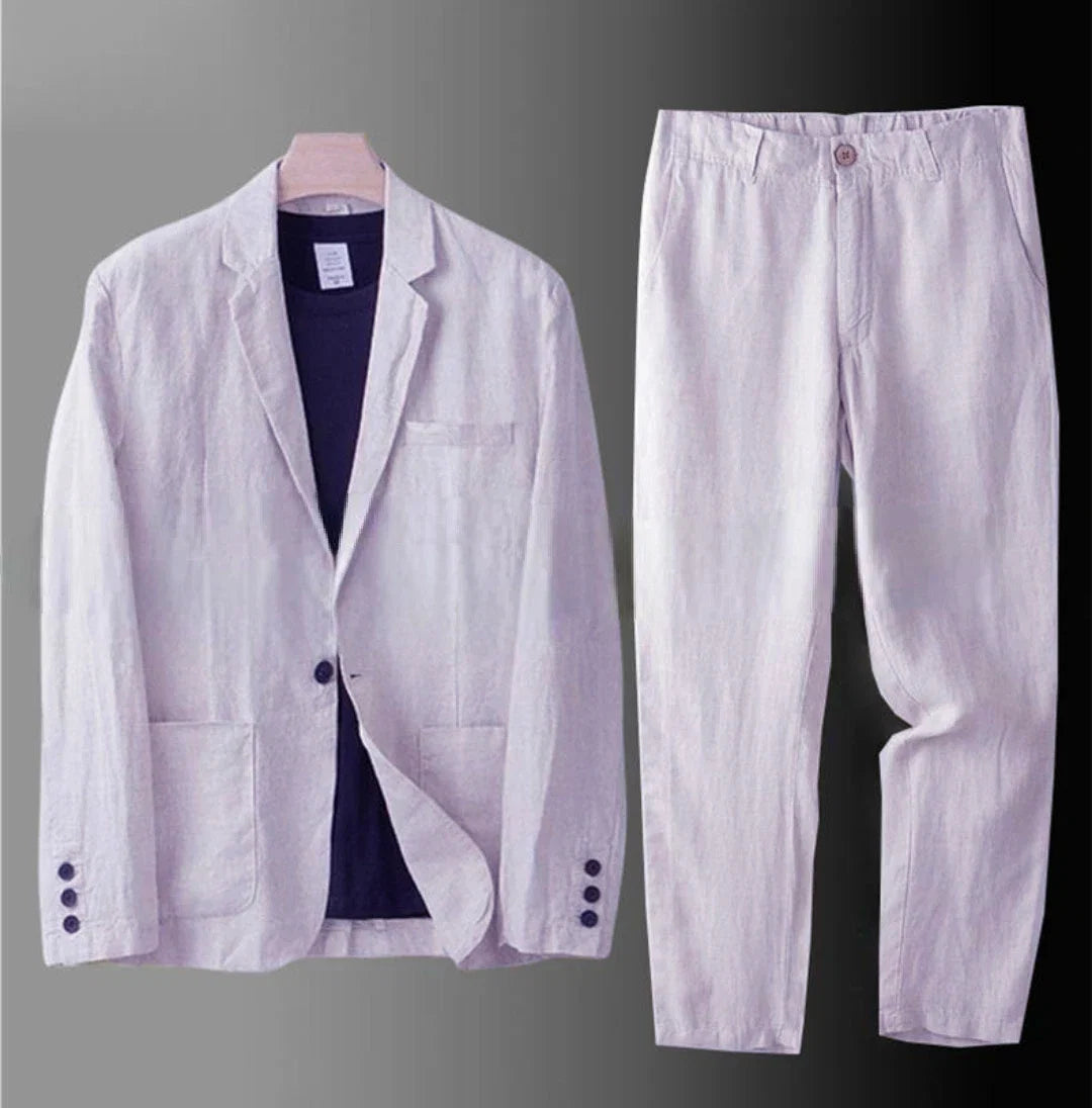 Cotton Linen Men's 2‑Piece Suit Lightweight Slim Fit Breathable Casual Suit Set for Office Wedding Sun Protection