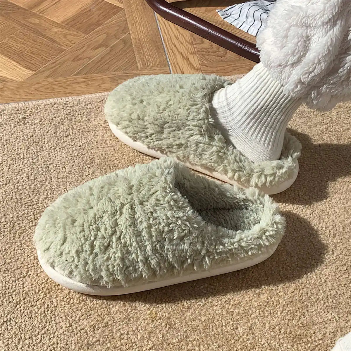Japanese Simple Solid Color Home Slippers For Women Fluffy Winter Warm Indoor Bedroom Slides Female Furry Shoes