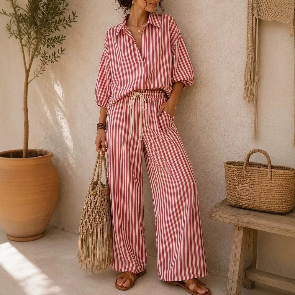 Fashion Stripe Two Piece Set Women Summer Autumn Casual V Neck Long Sleeved Top Wide Leg Pants 2 Piece Suit Women Outfit Sets