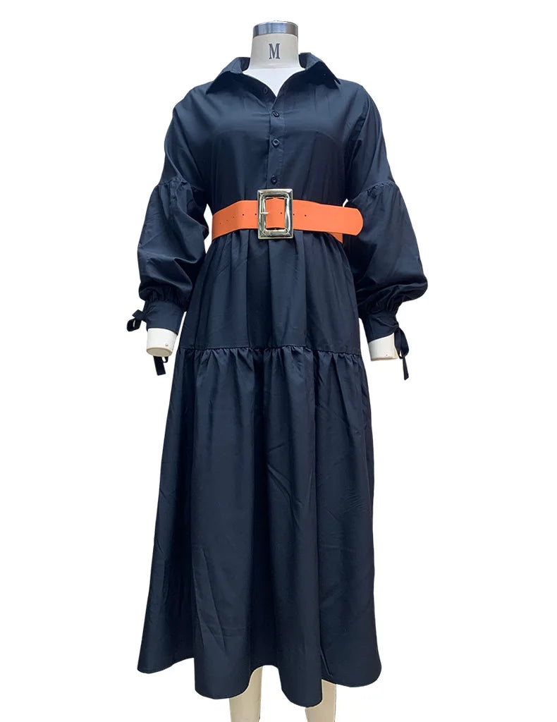 2024 Autumn New Women's Clothing Solid Color Fashionable Temperament Long Sleeved Sleeve Lace Up Casual Mid Length Lapel Dress