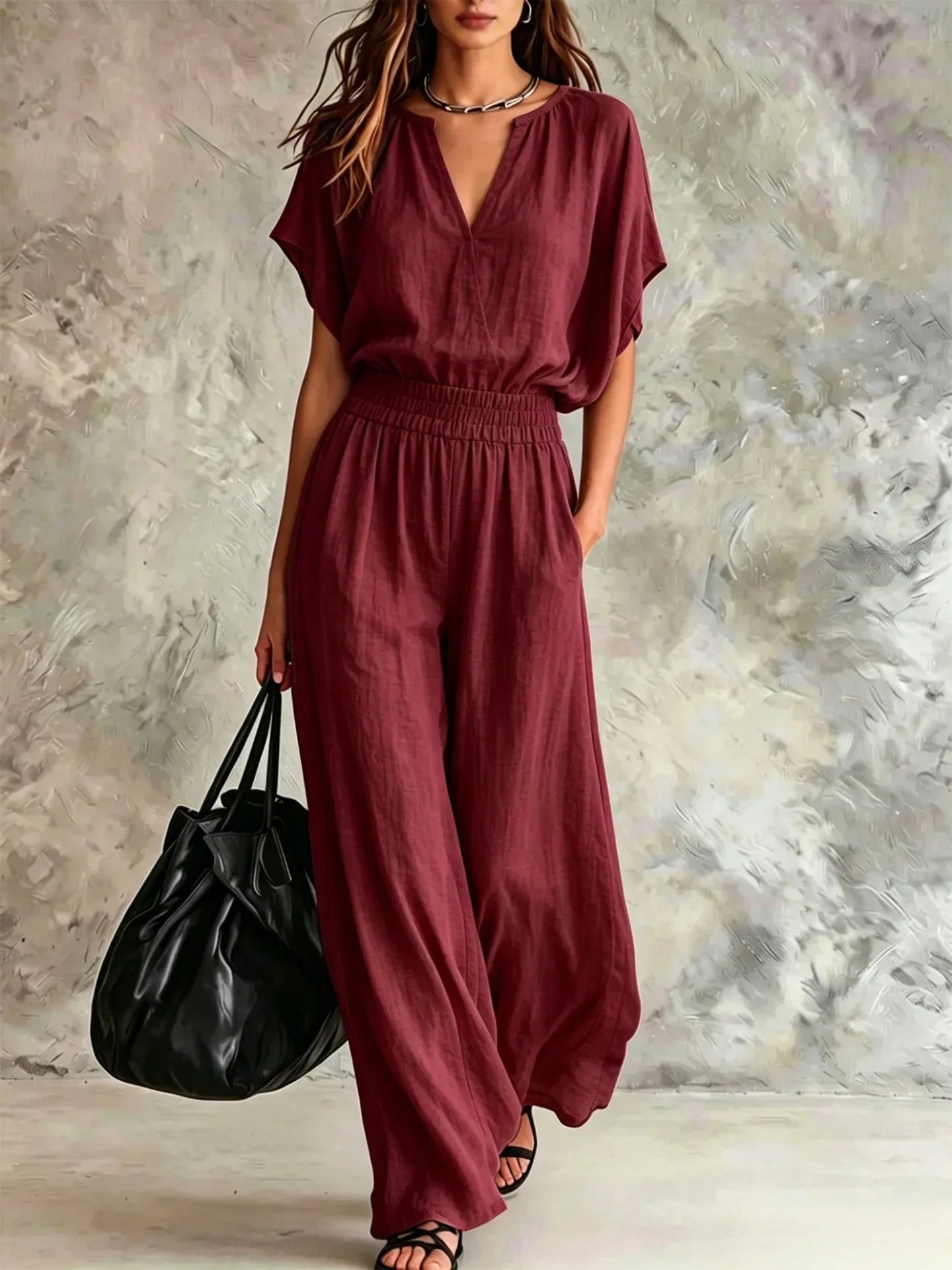Women Casual Cotton Linen 2 Piece Outfit Summer Loose V Neck Short Sleeve Top Elastic High Waist Wide Leg Pants Set With Pockets