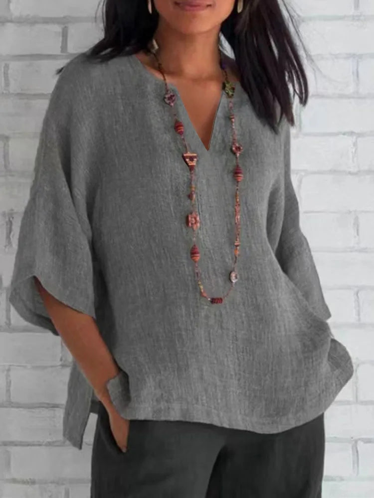 Women's Solid Colour Cotton Linen Shirt 2024 Summer V-Neck 3/4 Sleeve Loose Casual Blouse Women Tops S-3XL