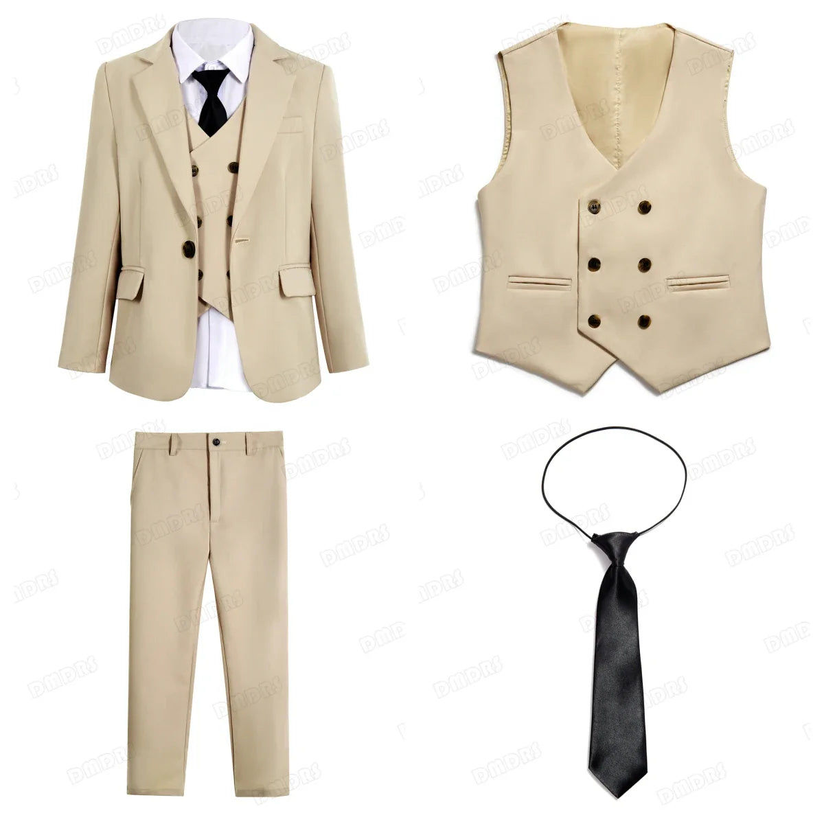 High Quality Kids Suit Set, 4-Piece Slim Fitting  Jacket, Pants, Vest, Bowtie, One Button Communion Kids Suits.