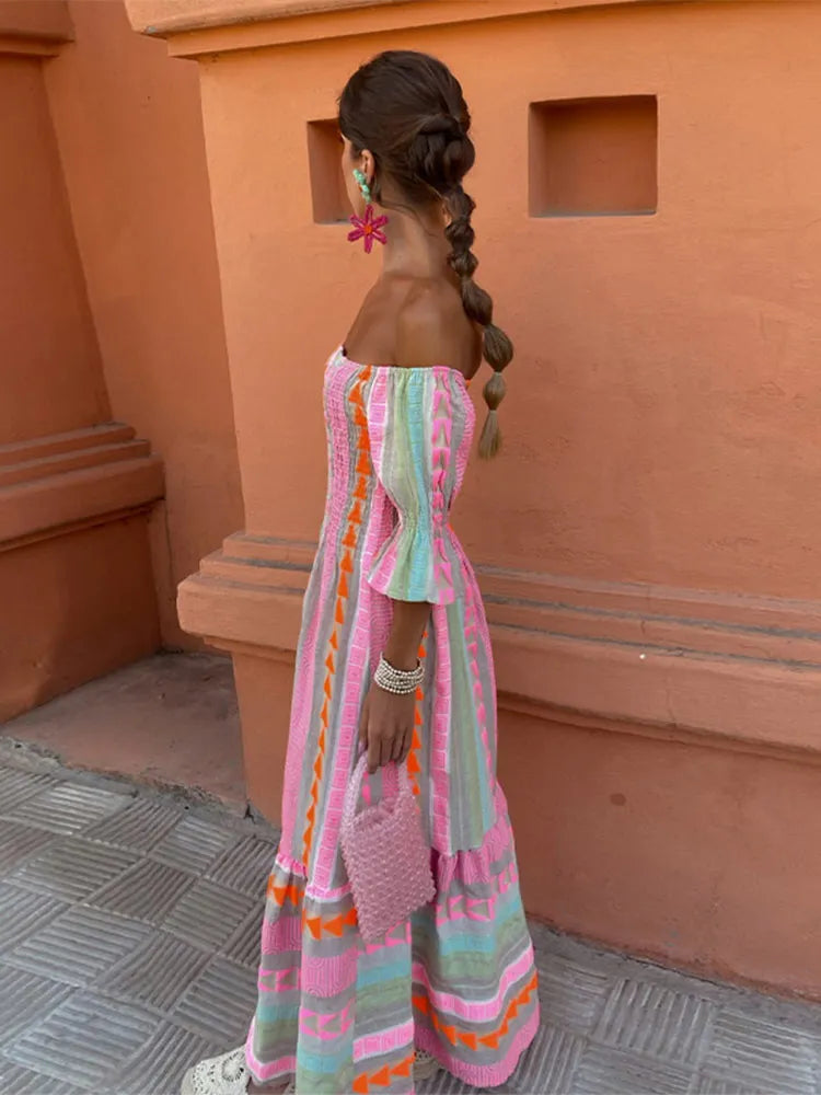 Colorful Rainbow Stripe Print Ruffles Dress Women Sexy Off Shoulder Backless Flods Vestidos Summer Chic Female High Streetwear