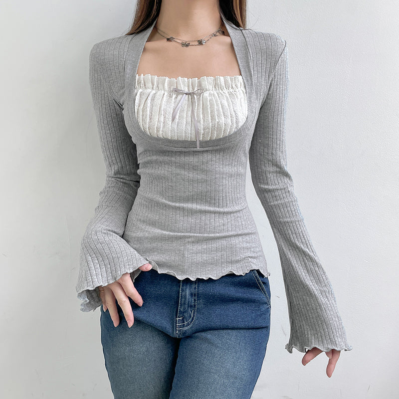 Xingqing Elegant Lady Square Collar T Shirt Kawaii Clothes Fairy Grunge Long Sleeve Ribbed Tops y2k Tees 2000s Women Streetwear