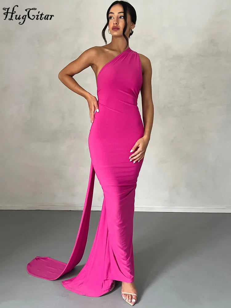 Hugcitar One Shoulder Backless Adjustable Scarf Loop Ruched Sexy Maxi Dress 2025 Women Elegant Y2K Streetwear Festival Outfit