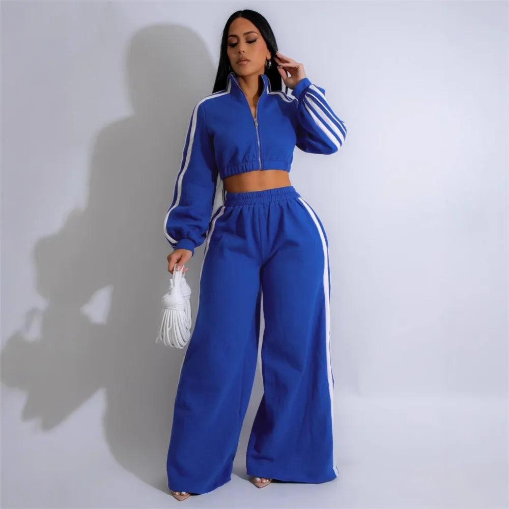 Fashion Splicing Striped Zipper Sports Suit Women'S Spring Autumn Thick Hoodie Casual Loose Wide Leg Trousers 2 Piece Set Female