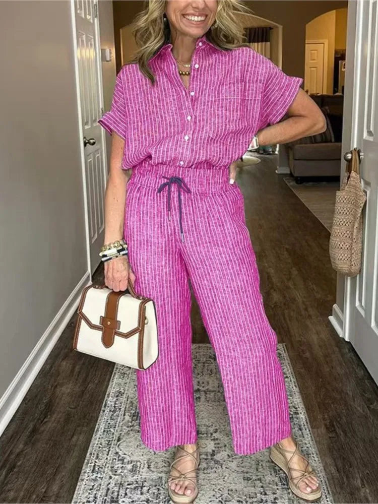 Classic Spring Autumn Cotton Linen Striped Printed Short Sleeve Shirt 2 Piece Set Retro Casual Loose Waist Trousers Women's Suit