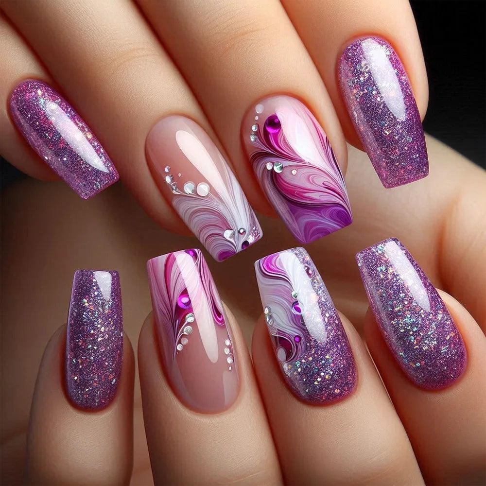 24pcs Golden Stripe Press on Nails Long Square False Nails Full Cover Nail Tips.