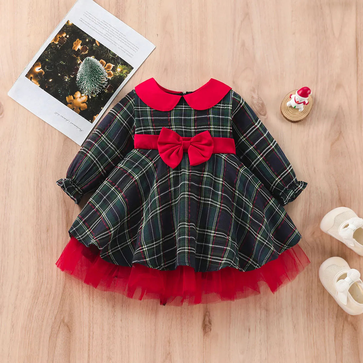 Christmas Girls Cosplay Dress Princess Plaid Red Bow Long-Sleeved Dress Xmas Costumes New Year Christmas Party Dress for Baby