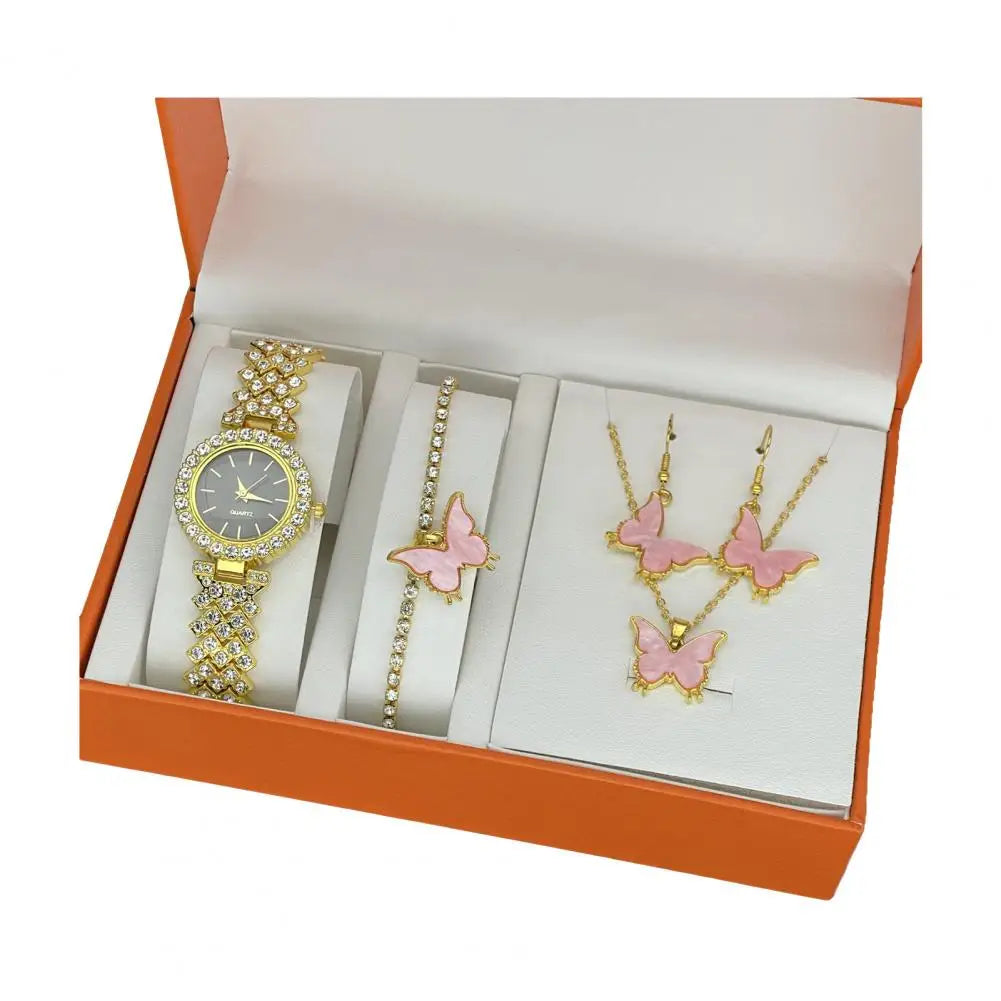1 Set Women Jewelry Set with Gift Box Complete Collection of Quartz Watch Necklace Bracelet Ring Earring Set Golden Jewelry Gift
