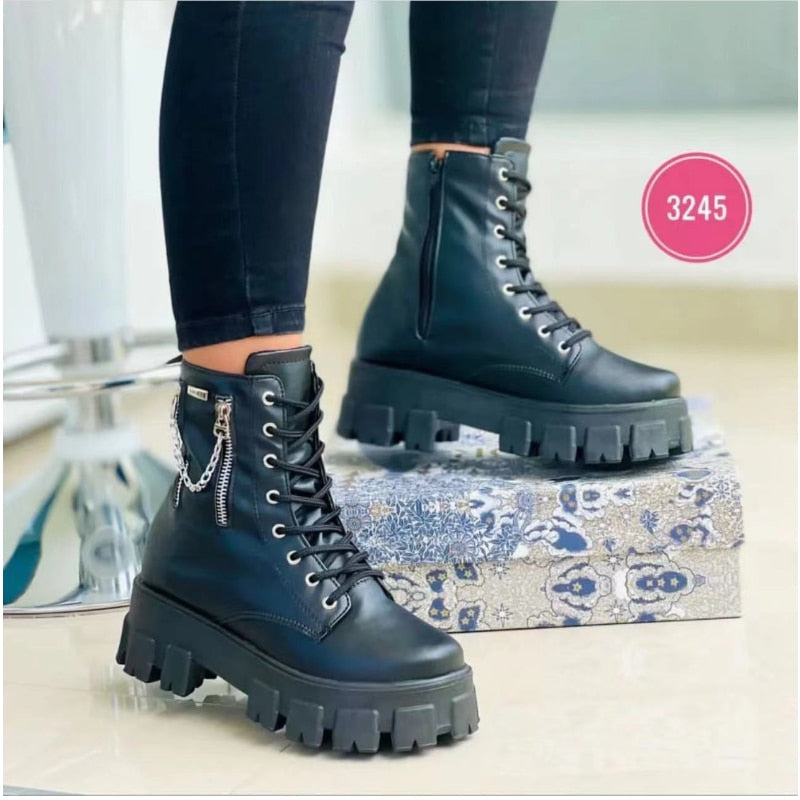 Winter Trend Women's Boots Patent Leather Zipper Warm Punk Gothic Combat Boots Lace Up Sports Casual Thick Sole Biker Boots