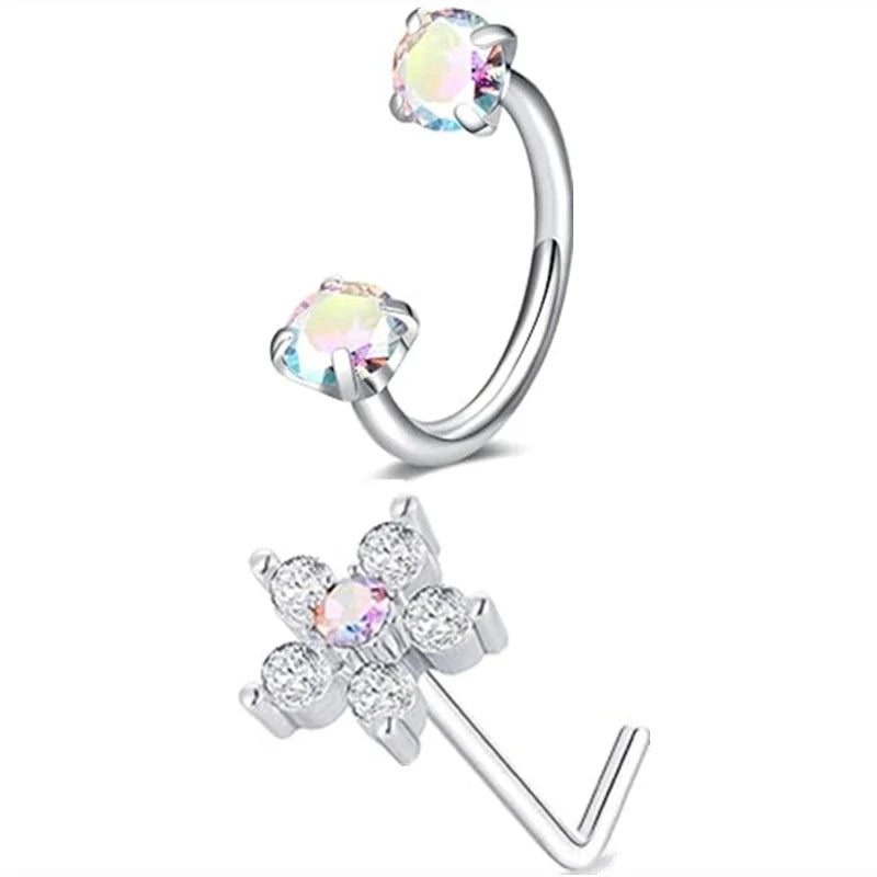 6/2pcs Horseshoe Nose Rings with L-Shape Nose Stud, Stainless Steel