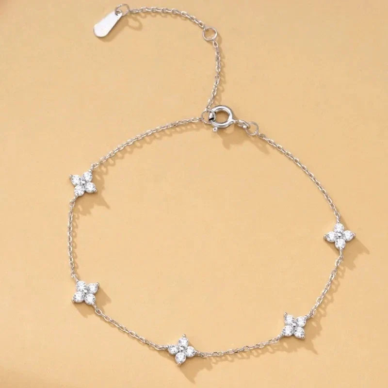 925 Silver Plated Cubic Zirconia Four Leaf Clover Bracelet for Women