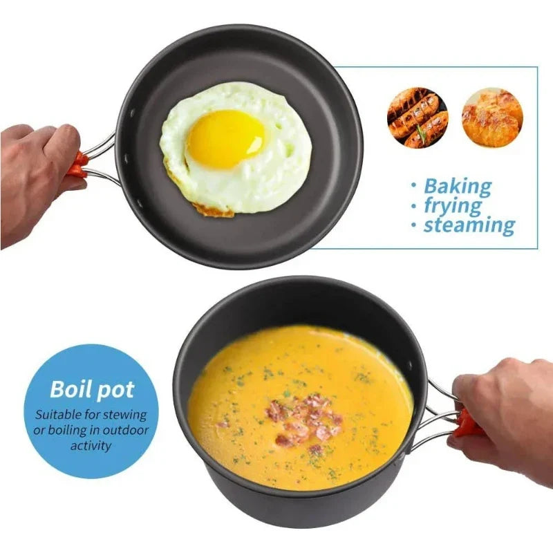 Camping Cooking Set, Outdoor Kitchenware Set, Aluminum Portable Tableware Kitchenware POTS Bowls Kettles Hiking Picnic Equipment