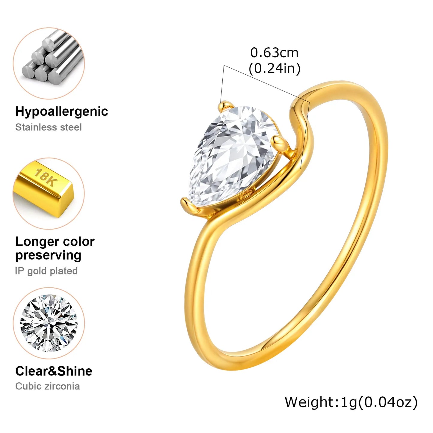 Minimalist Water Drop White Zircon Women Ring, Wave Drop Stainless Steel Ring, 18K Gold Plated Waterproof Luxury Jewelry