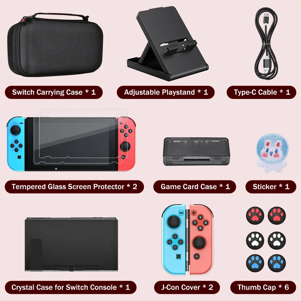 Nintend Switch pouch Kit For NS Switch with Protective Case Cover for Console & J-Con, Screen Protector, Adjustable Stand