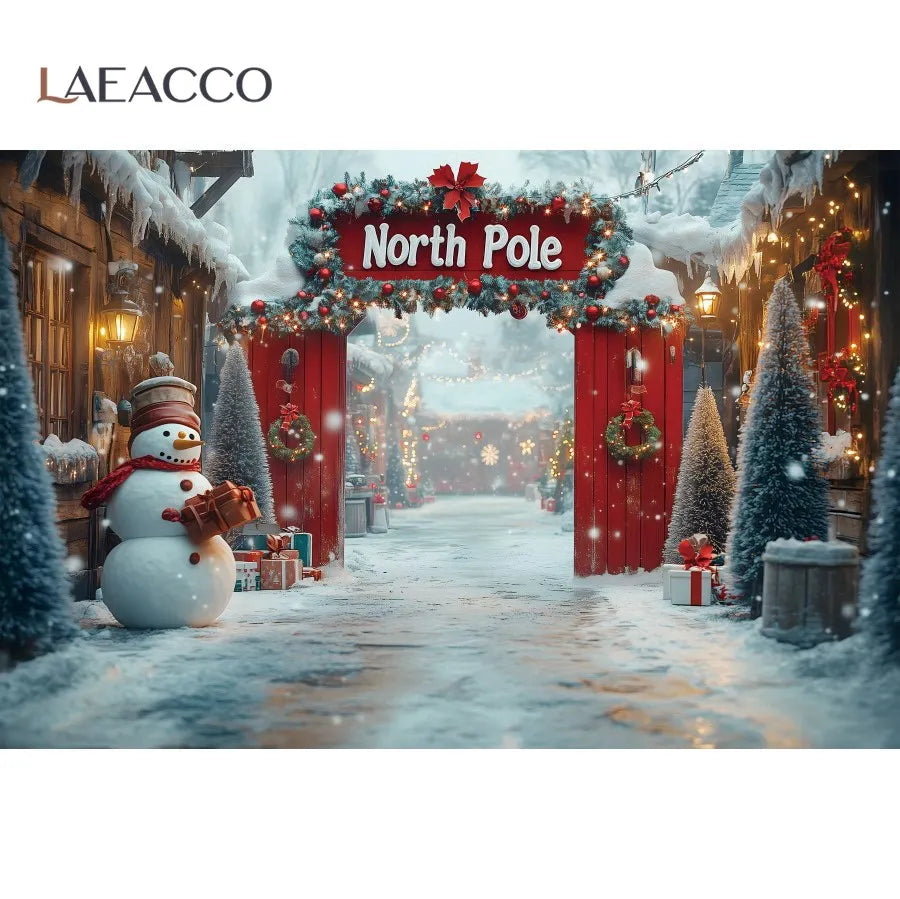 North Pole Christmas Backdrop Winter Village Town Xmas Tree Snowman Photography Background Family Xmas Eve Party Decor Banner