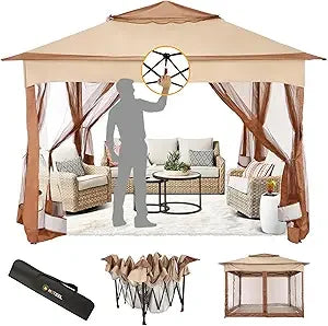 12x12 Pop Up Gazebo Canopy Tent Easy Up Outdoor Gazebo Waterproof Upgrade Portable Gazebo with Mosquito Nettings, Double Vented