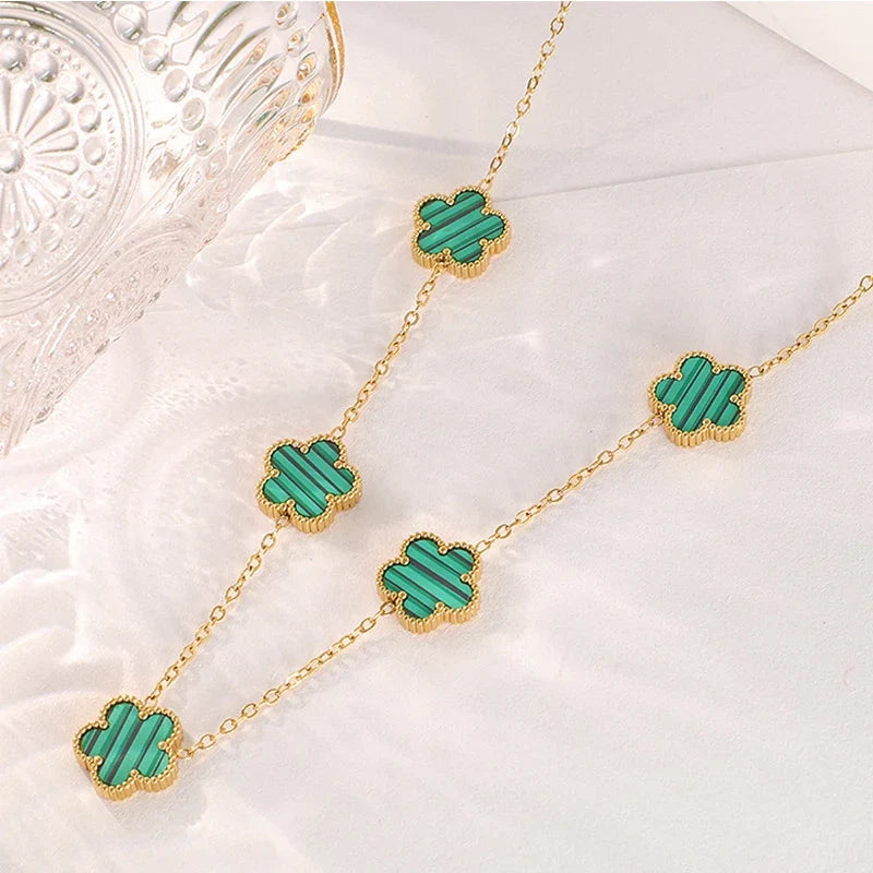 14K Gold Plated Stainless Steel Necklace Woman Five Leaf Petals Double