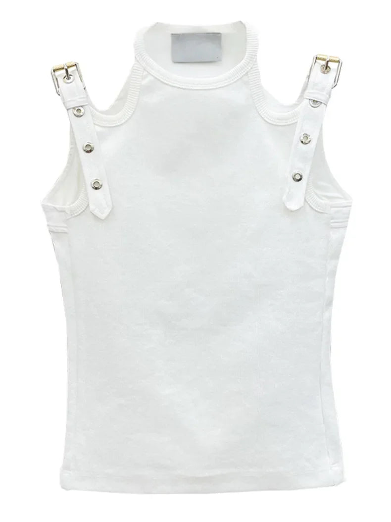 DEAT Fashion Women's Tops Round Neck Hollow Out Khaki Sleeveless Suspender Tank Tops Summer 2024 New Trendy 17A5505H