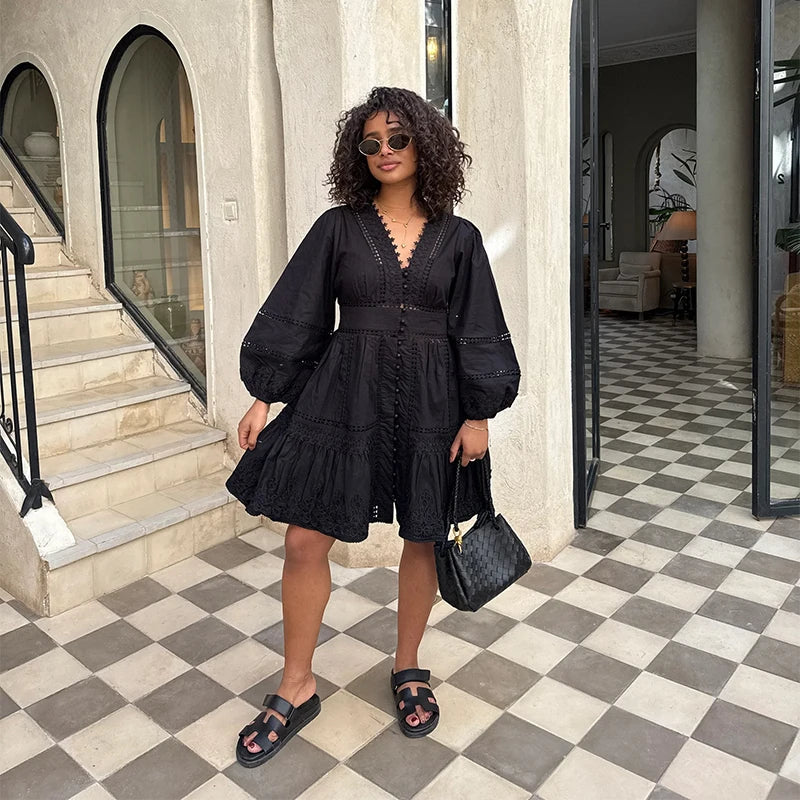 Elegant Lace Hollow Out Women's Long Dress Solid V-neck Patchwork Puff Sleeve Bodycon Dressess Female 2025 Spring New Lady Robes