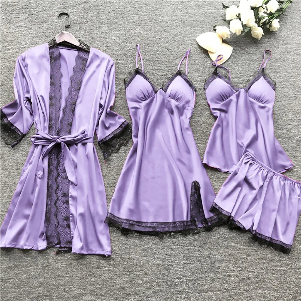 4 Pieces Pajamas Sets Satin Sleepwear Women Silk Nightwear Pyjama Strap Lace Sleep Lounge Pajama with Chest Pads