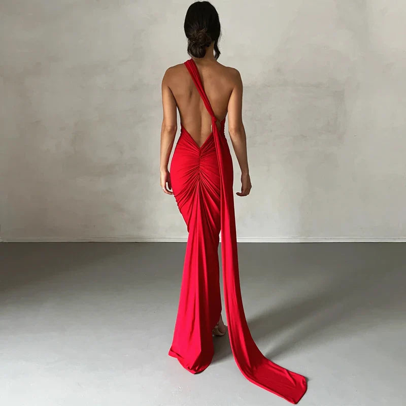 Hugcitar One Shoulder Backless Adjustable Scarf Loop Ruched Sexy Maxi Dress 2025 Women Elegant Y2K Streetwear Festival Outfit