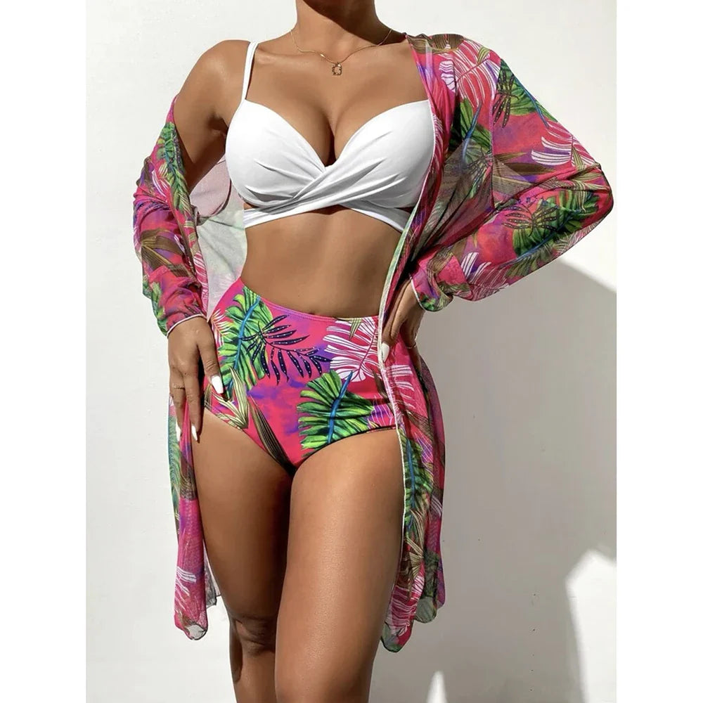 2024 3pack Swimwear Women Cover Up Bikini Set Push Up Swimsuit Biquini Swim Wear Print Bathing Suit Maillot De Bain