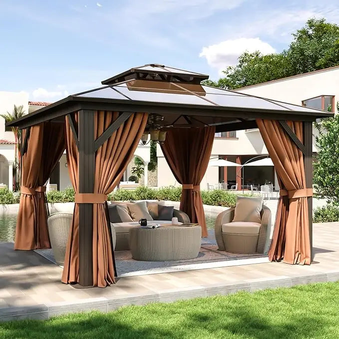 10'x12' Hardtop Gazebo, Aluminum Frame Permanent Pavilion with Curtains, Outdoor Polycarbonate Gazebo, Double Roof Canopy