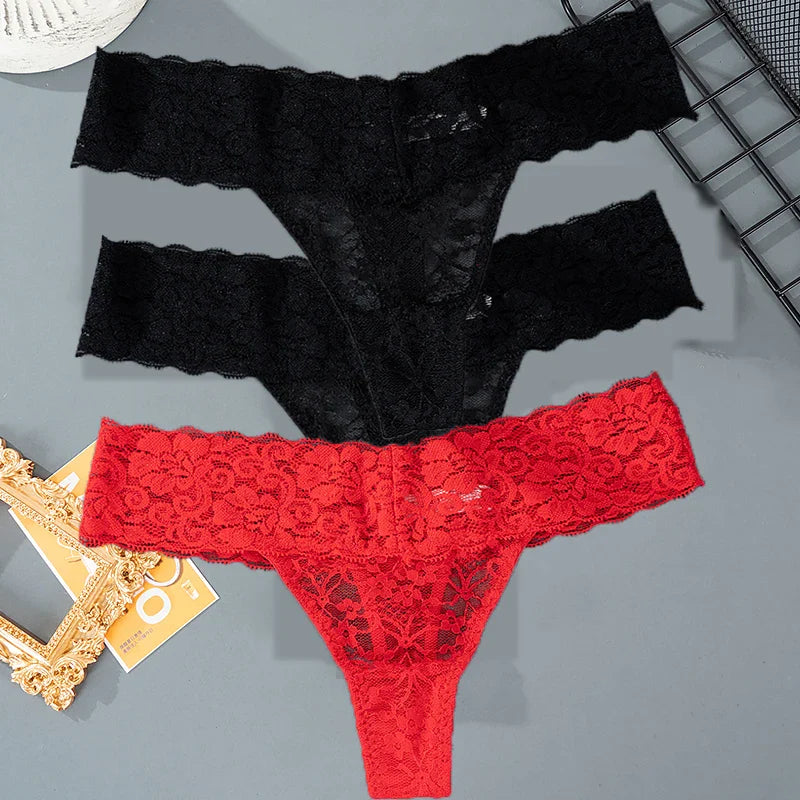 3PCS Lace Floral Women Panties ,Low Waist Breathable Briefs Female Thong Underwear M-2XL Sexy G-String Transparent Panty.