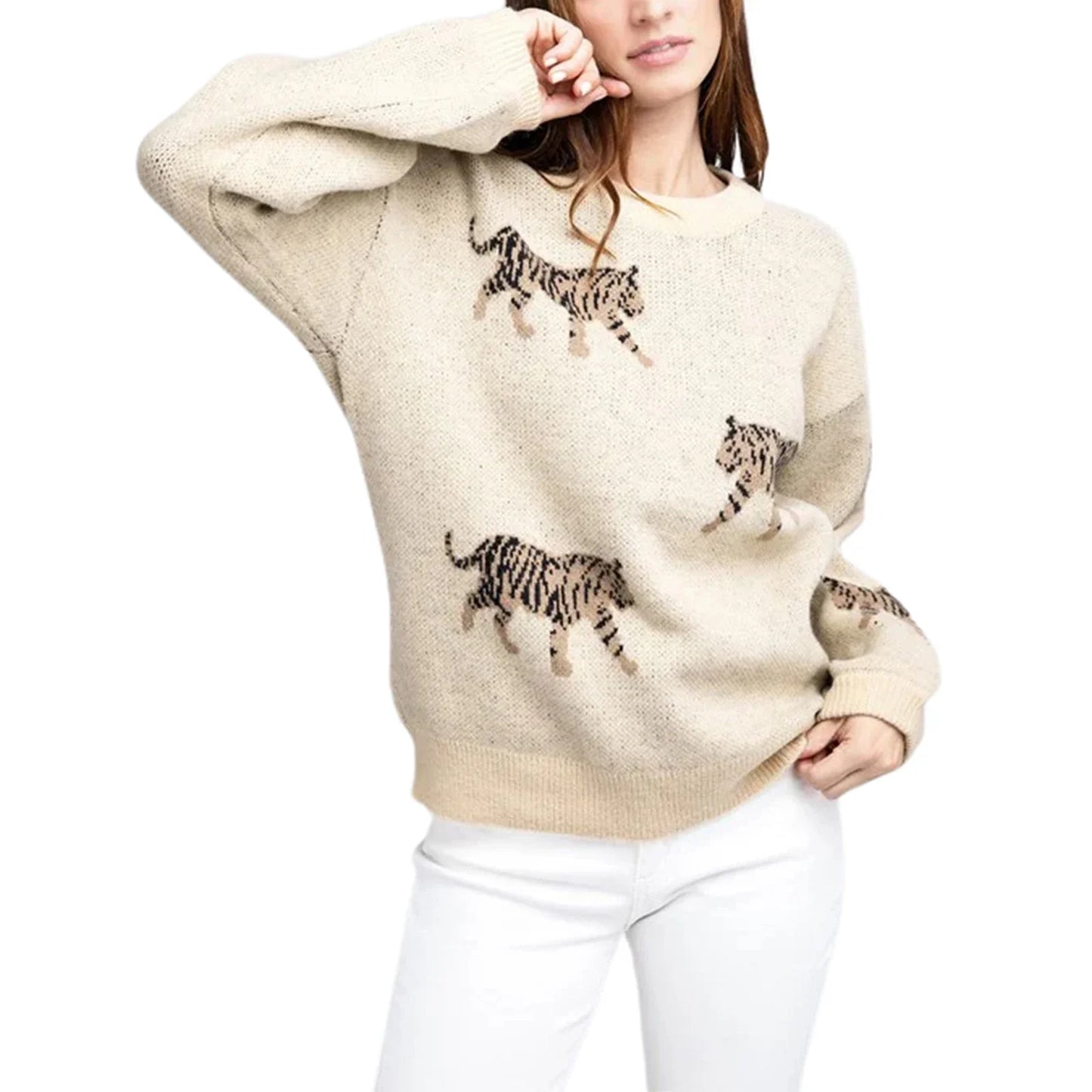 Cozy Women s Sweater with Stylish Leopard Print Design Long Sleeves and Soft Knit Fabric for Autumn Fashion Statement