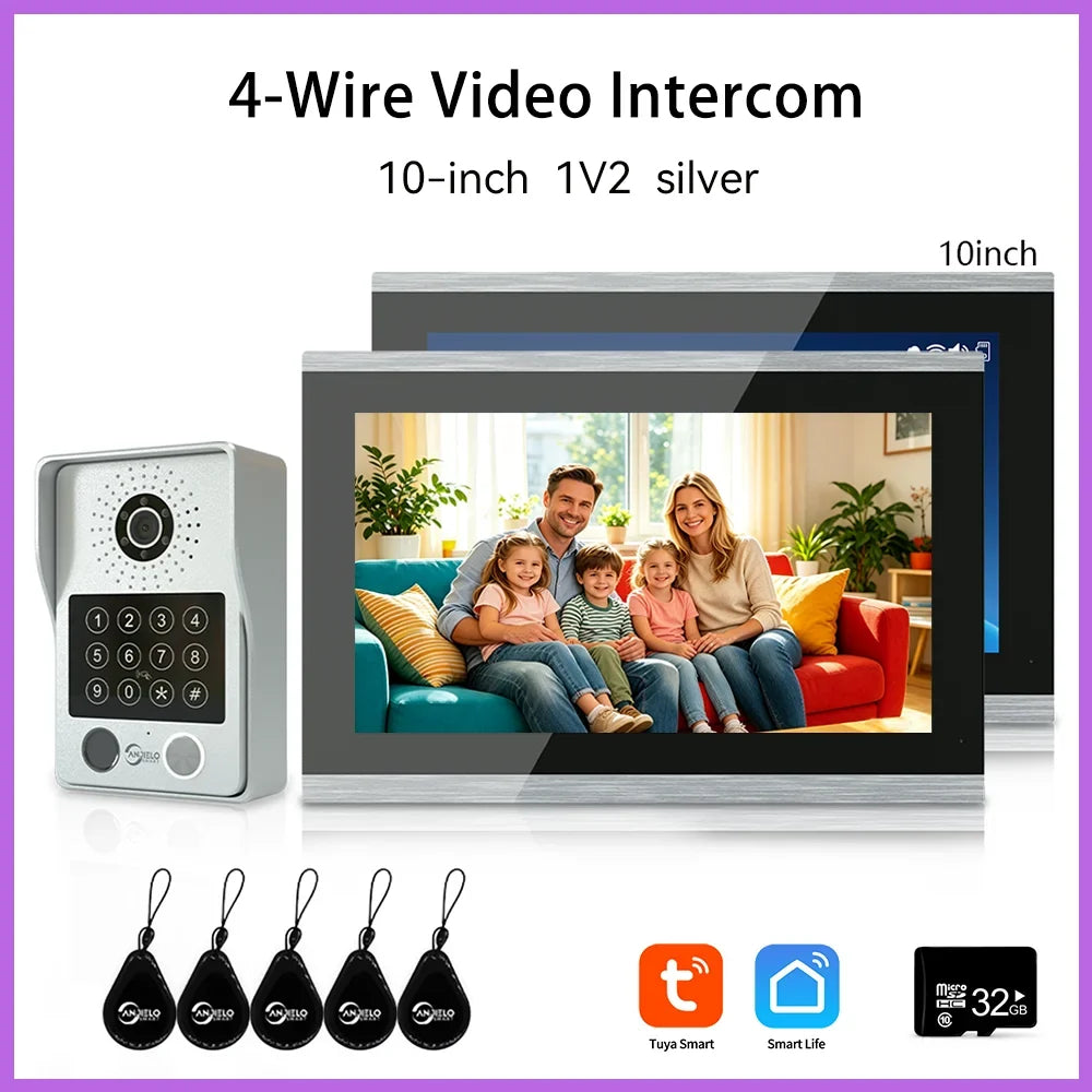ANJIELO 4-Wire Video Intercom System with 10-inch Touch Screen 5-in-1 Unlock Tuya Smart APP Control IP65 Waterproof Night Vision