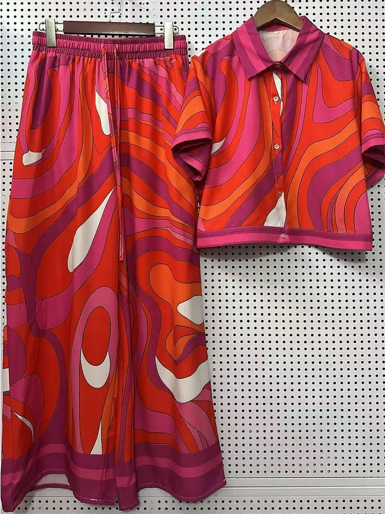 2026 Summer New Fashion Women's Print Suit Lapel Short Sleeve Short Waist Shirt + Elastic Waist Straight Trousers Two-Piece