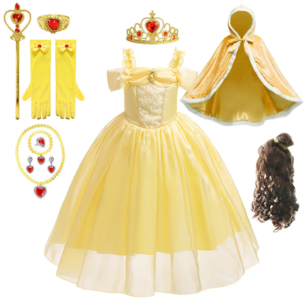 Halloween Girls Princess Belle Dress Up Evening Party Yellow Shoulderless Elegant Long Dresses Beauty Beast Fairy Costume Wig