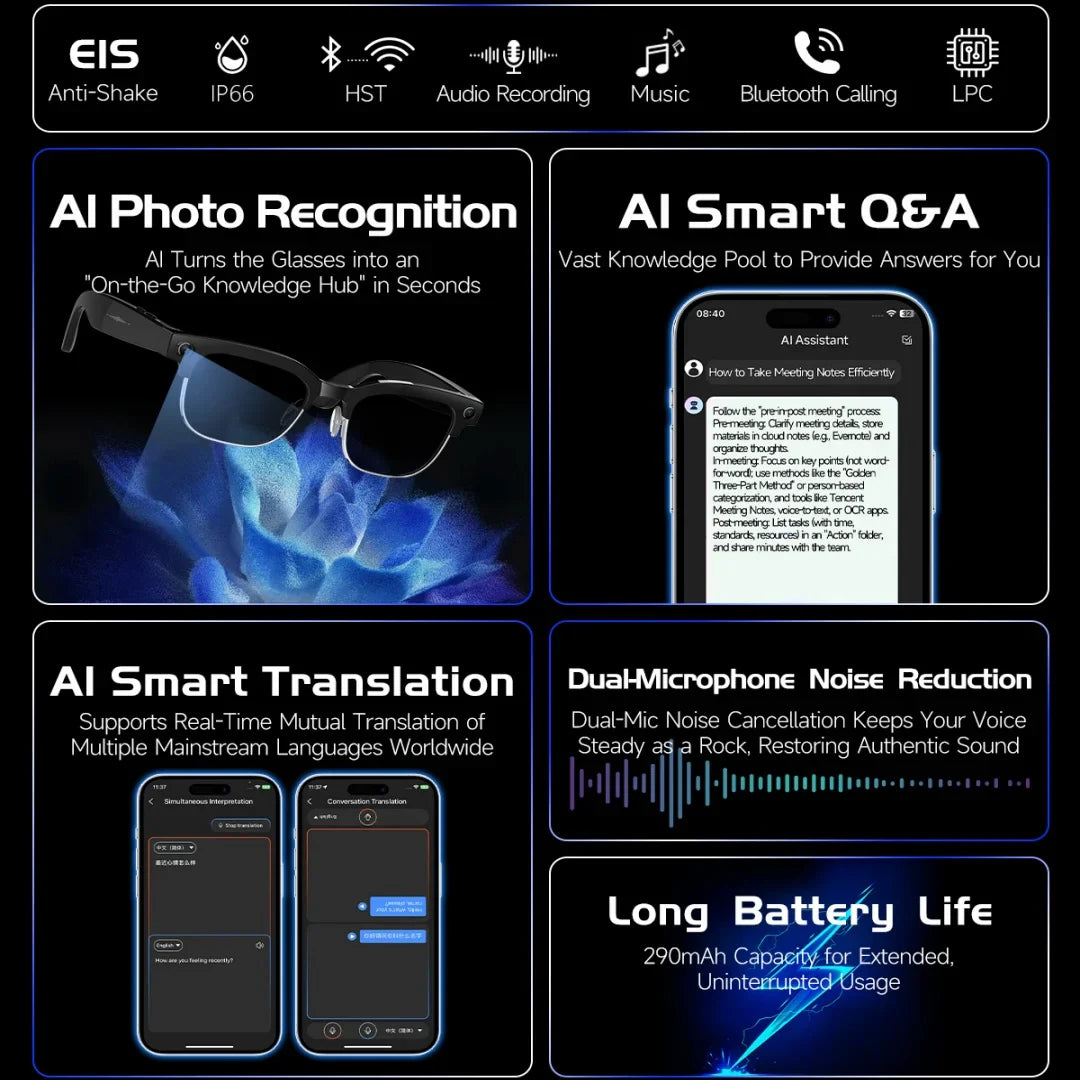 AI Smart Glasses 8MP Bluetooth, Waterproof ,IP66 with Video Recording, Photo Recognition, Translation, 290mAh Glasses for Everyday Use.