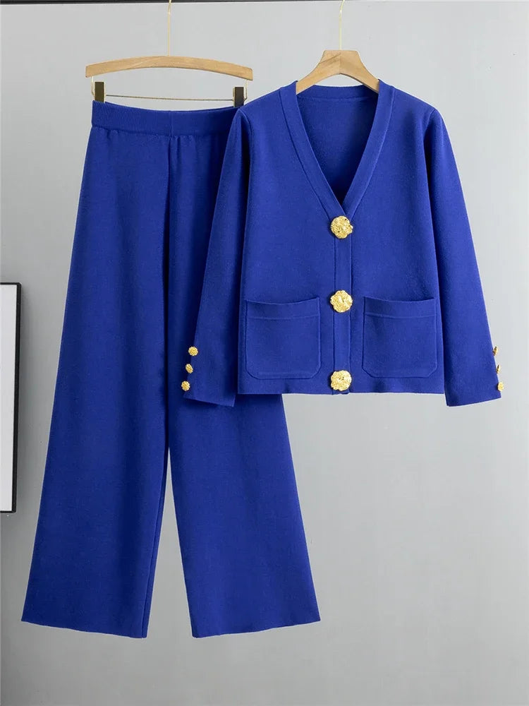 Autumn Winter Women Knit 2 Piece Set New Large Gold Button V-neck Cardigan Coats+High Waist Baggy Wide Leg Pants Sweater Suits