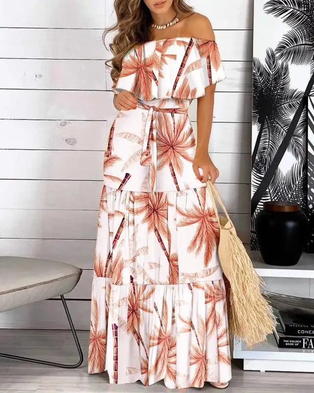 2021 New Fashion Leopard Robe Print Long Dress Ruffle Maxi Sundress Bohemian Women Summer Sexy Casual Elegant Strapless Vestidos