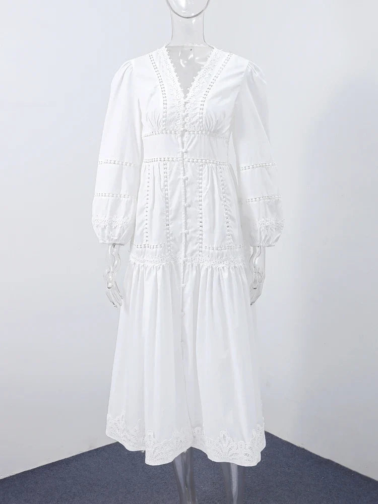 Elegant Lace Hollow Out Women's Long Dress Solid V-neck Patchwork Puff Sleeve Bodycon Dressess Female 2025 Spring New Lady Robes