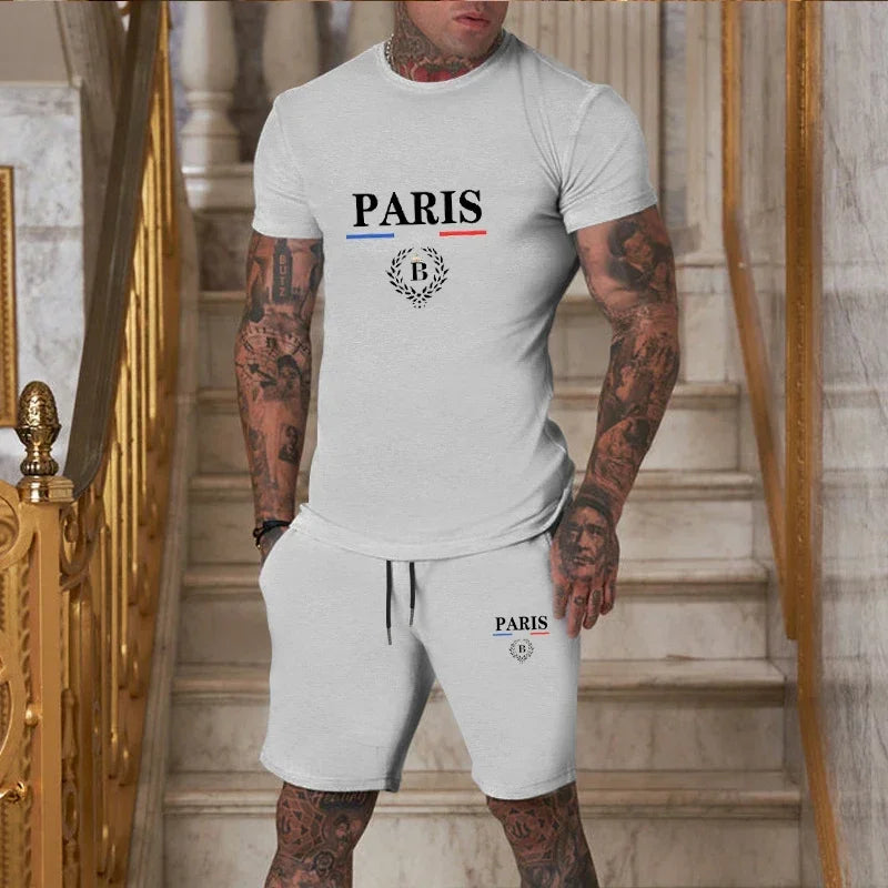 New Summer Men Fashion Short sleeved T-shirt and Shorts, 2-piece Set Sportswear  Casual Men Set.