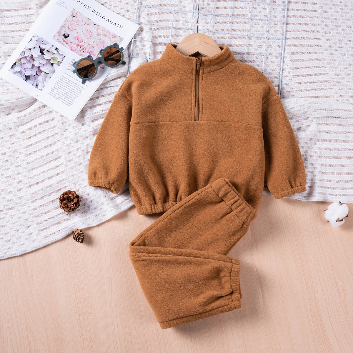 Winter Children Sets 0-4Y Girls Boys Thick Fleece Hooded Long Sleeve Pullover+ Solid Casual Long Pants Suits