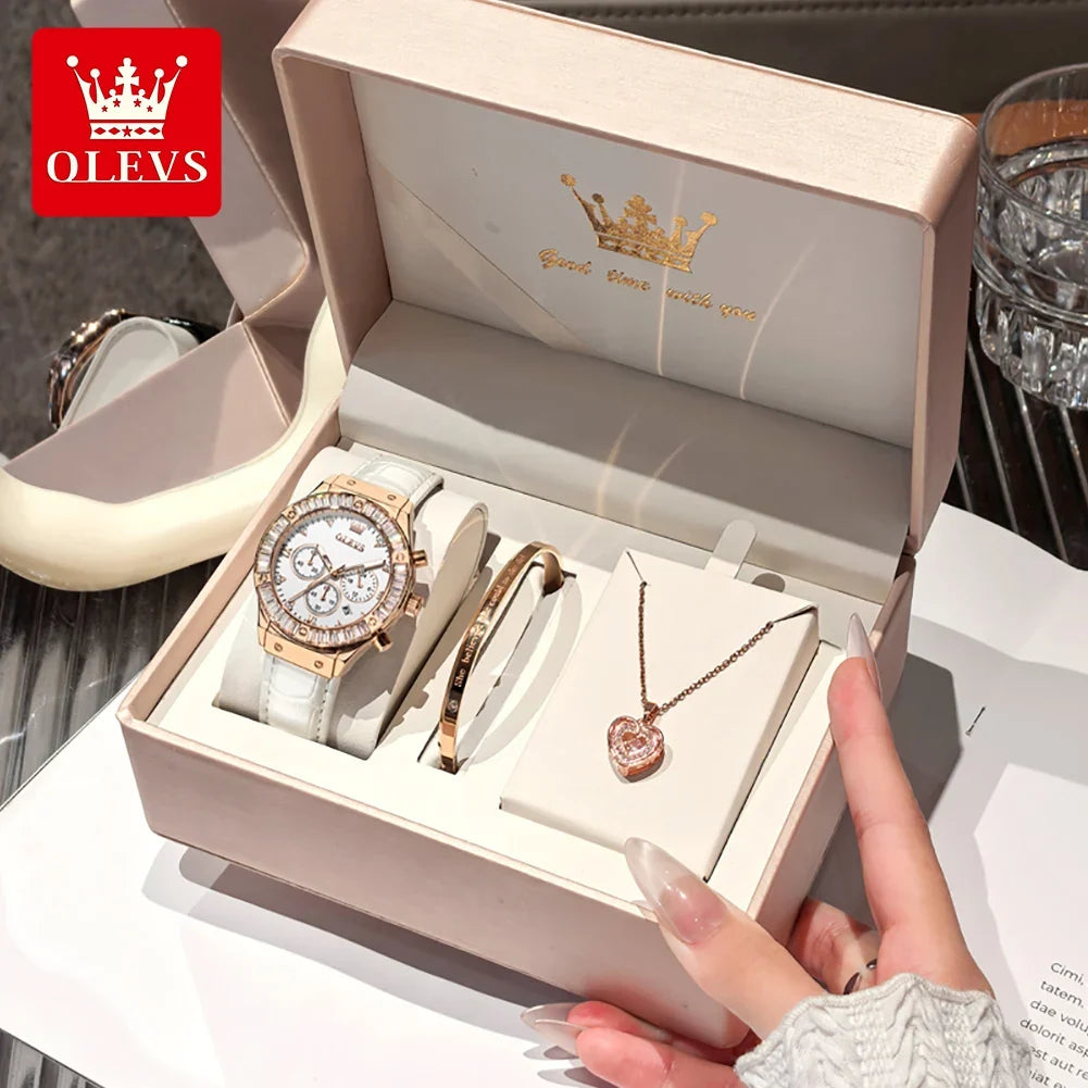 OLEVS 9978 Women Watch Original Quartz Watch Waterproof Leather Strap Multifunctional Chronograph Watch Bracelet Set Gifts Box