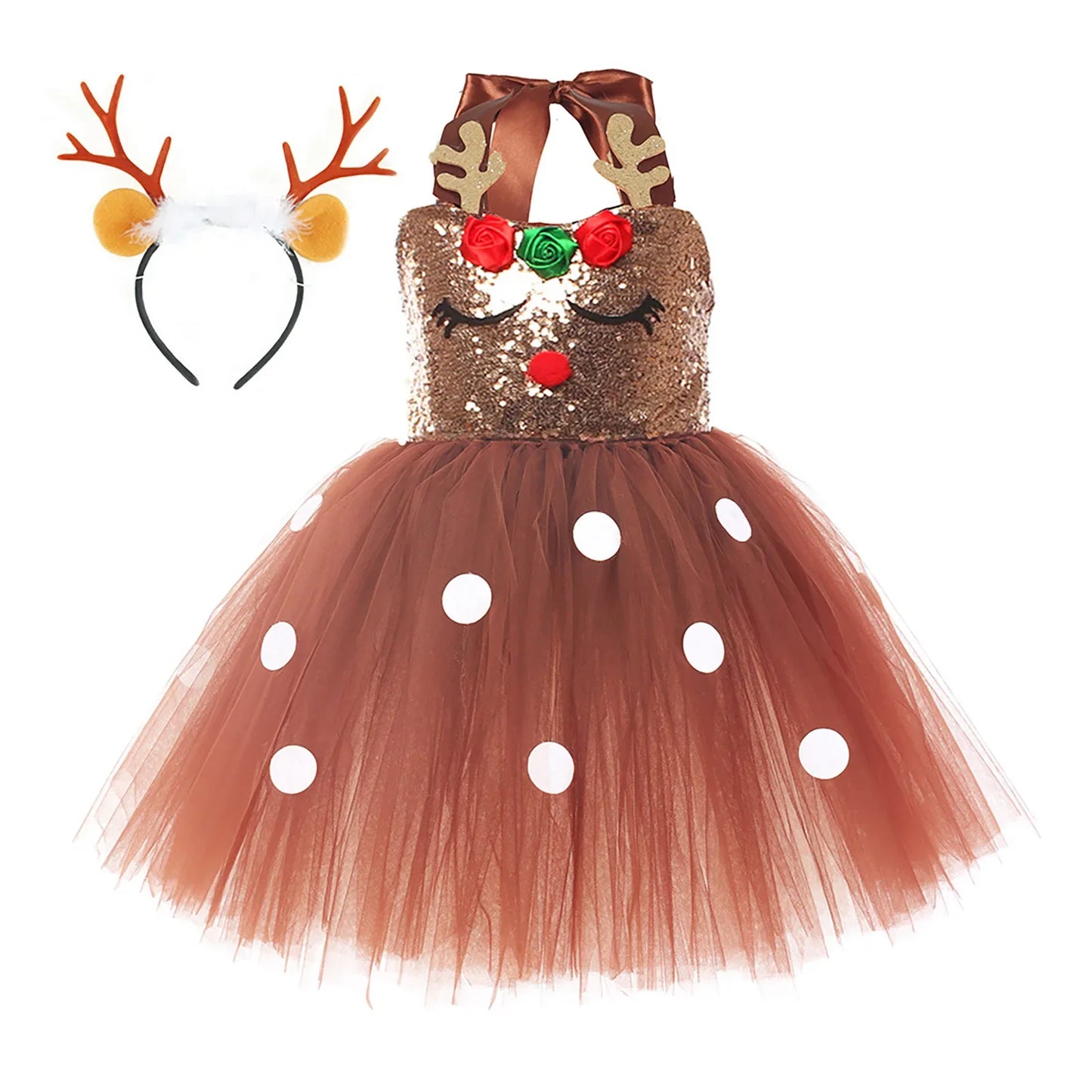 Brown Sequin Deer Costumes for Girls Christmas Princess Dresses Kids Reindeer Cosplay Outfit Children New Year Clothes Xmas Gift