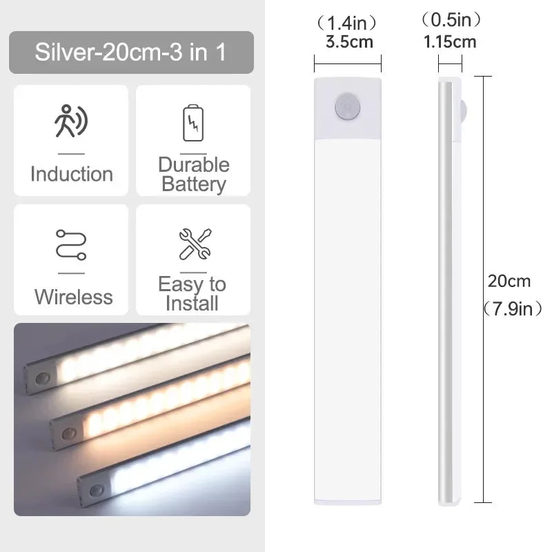 Under Cabinet Lights LED Motion Sensor Night Light Thin Rechargeable Dimmable Lamps Kitchen Cabinet Bedroom Wardrobe Lighting