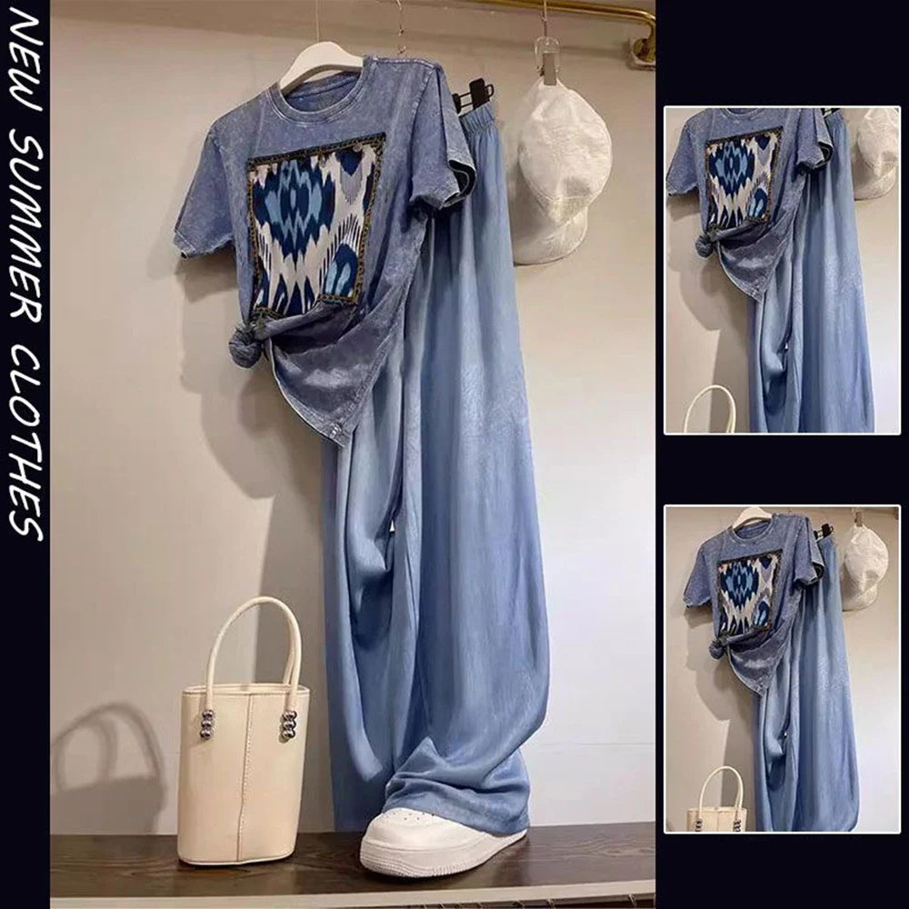 Fashion 2piece Set Women's Summer Thin O-neck Short Curled Sleeves Printed Patchwork T-shirt+Elastic Loose Wide Leg Pants