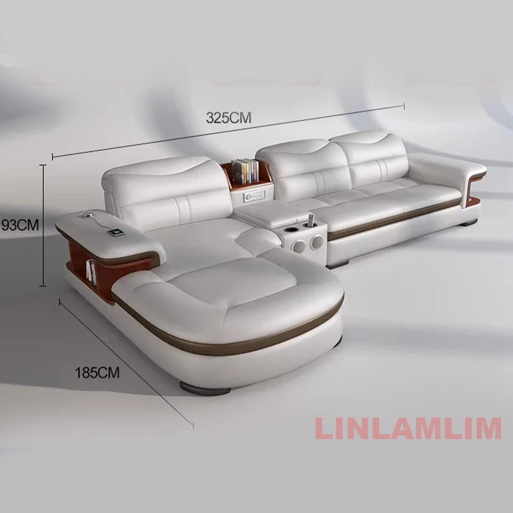 L-Shaped Sectional Sofa with Chaise, Genuine Leather adjustable headrest, Storage, USB,