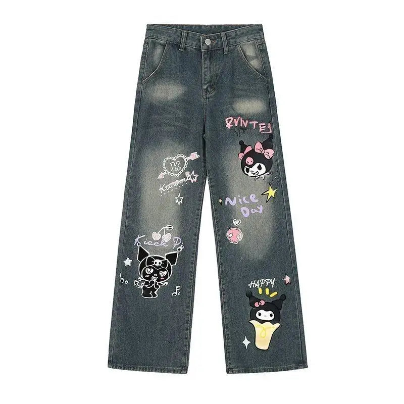 Hello Kitty Cartoon Jeans Kuromi Long Pants Anime Autumn Loose Waisted Trousers Cute Printing Retro Thin Wide Leg Pants Girls