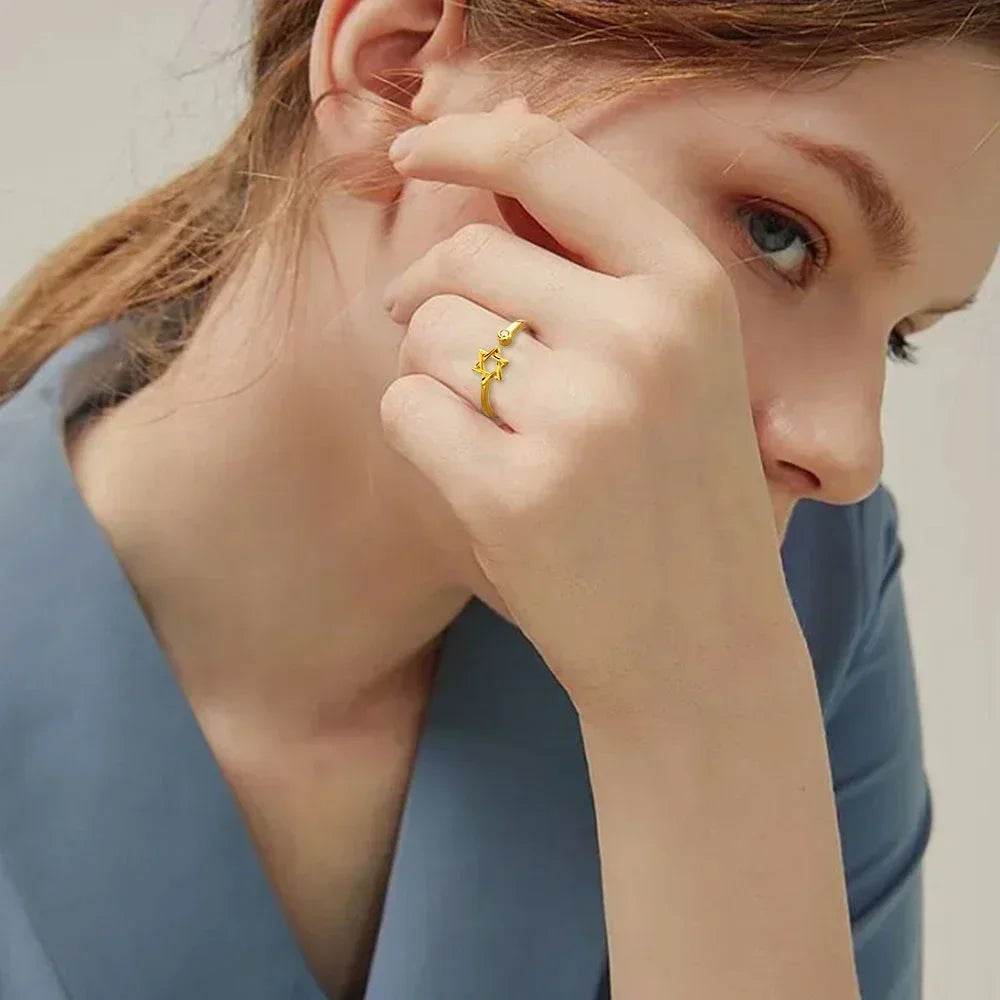 YILUOCD Hollow Hexagon Zircon Jewish Ring for Women Magen Star of David Adjustable Rings Promise Jewelry Gift
